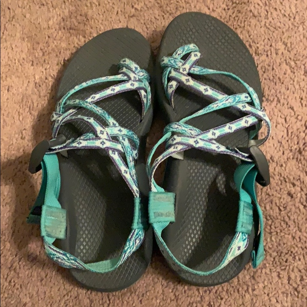 Teal and purple chacos